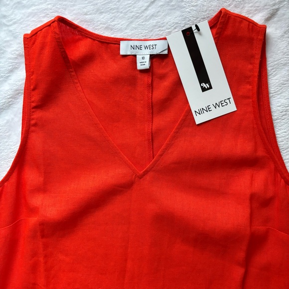 NINE WEST Gina Trapeze Linen Blend Orange V-Neck Sleeveless Dress--10 - Picture 2 of 12